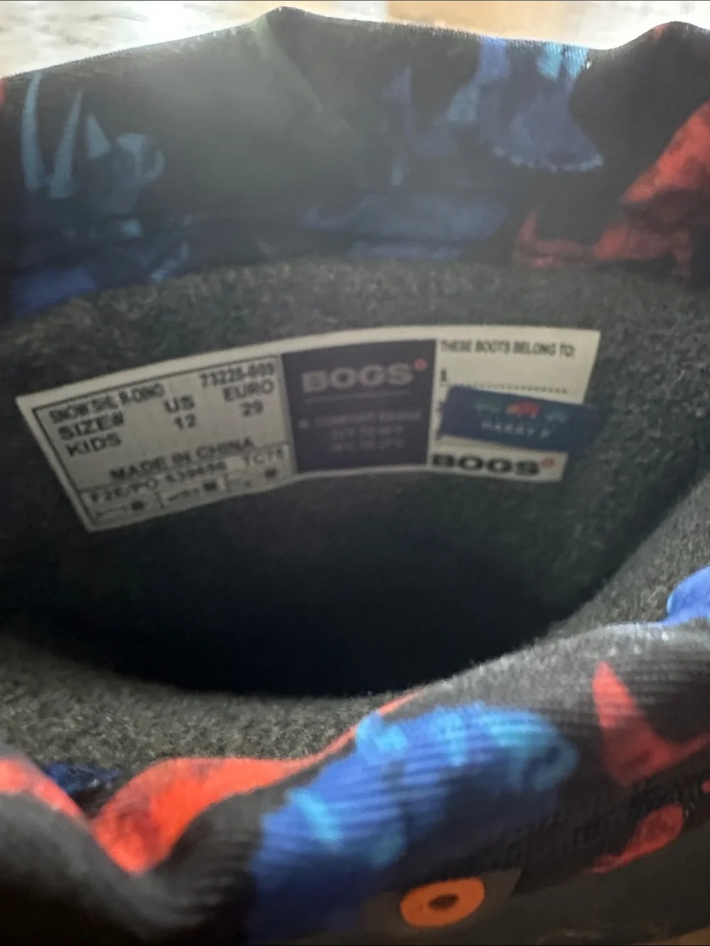 Bogs Kids Winter Snow Boots with Blue & Red Dinosaur Print Size 12